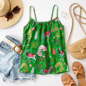 Printfresh Organic Cotton Cami Top Large Green Whimsical Safari Animal Print AOP